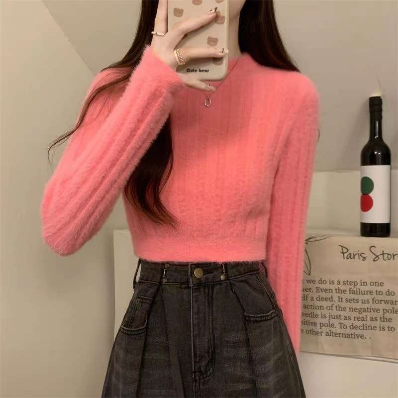 ピンクコーデ ショート丈 リブニット ふわもこ 甘ふわ ニット 長袖 セーター ピンクトップス