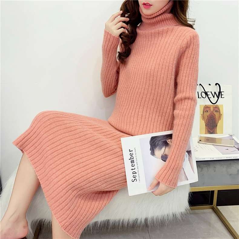 ピンクコーデ リブニット ロングワンピース タートルネック 秋冬 長袖 マキシ丈 ニット ロング丈 ゆったり スリット入り 無地 着痩せ シンプル おしゃれ ピンクコーデ