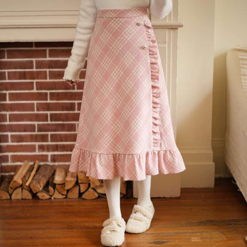 ピンクコーデ フリルデザイン チェック柄ラップスカート