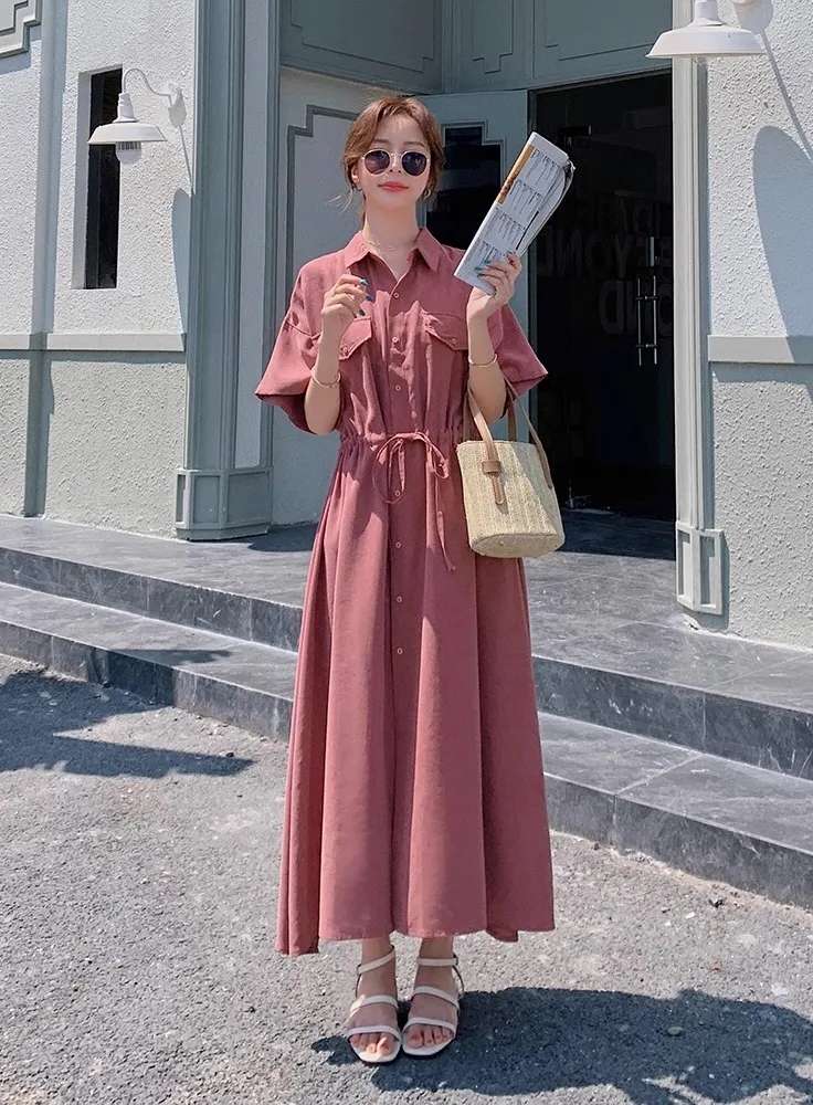 ピンクコーデ シャツカラーマキシピンクワンピース