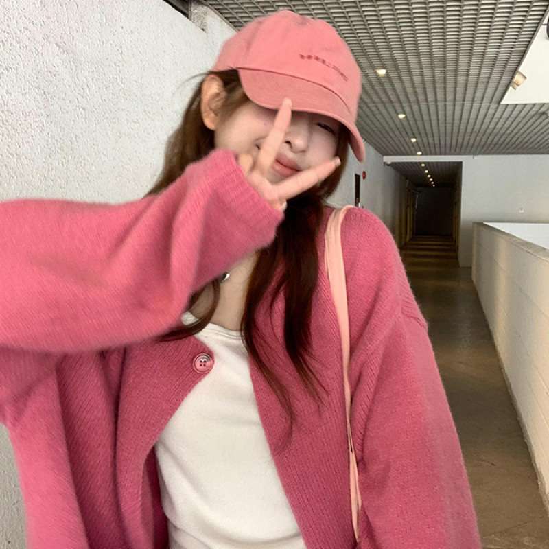 ピンクコーデ オーバーサイズで抜け感プラス♥ふんわりニットピンクカーディガン