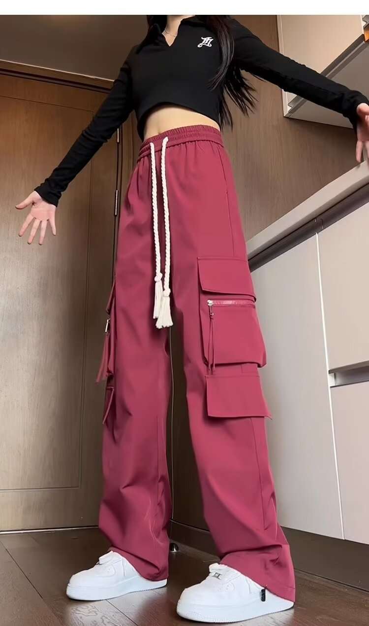 ピンクコーデ マルチポケットカーゴワイドボルドーピンクパンツ