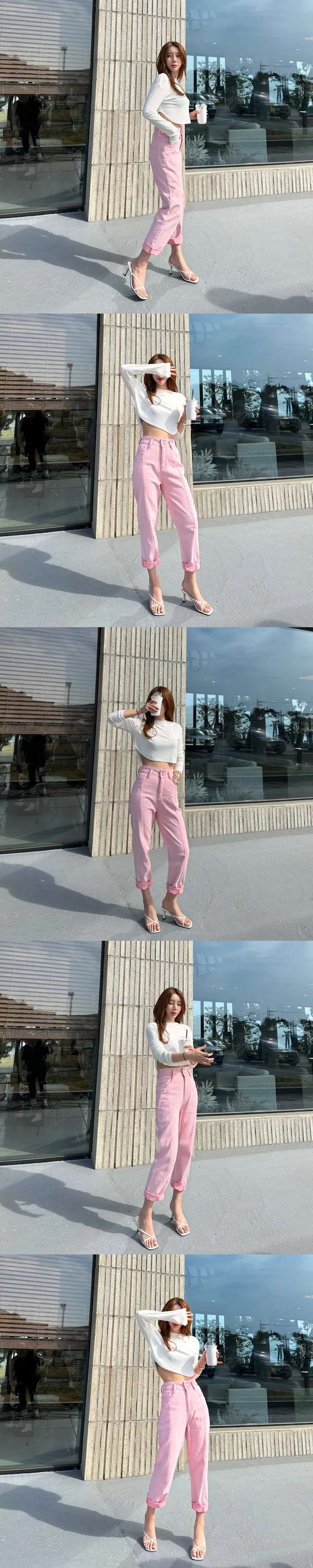 ピンクコーデ ハイウエストストレートデニムピンクパンツ