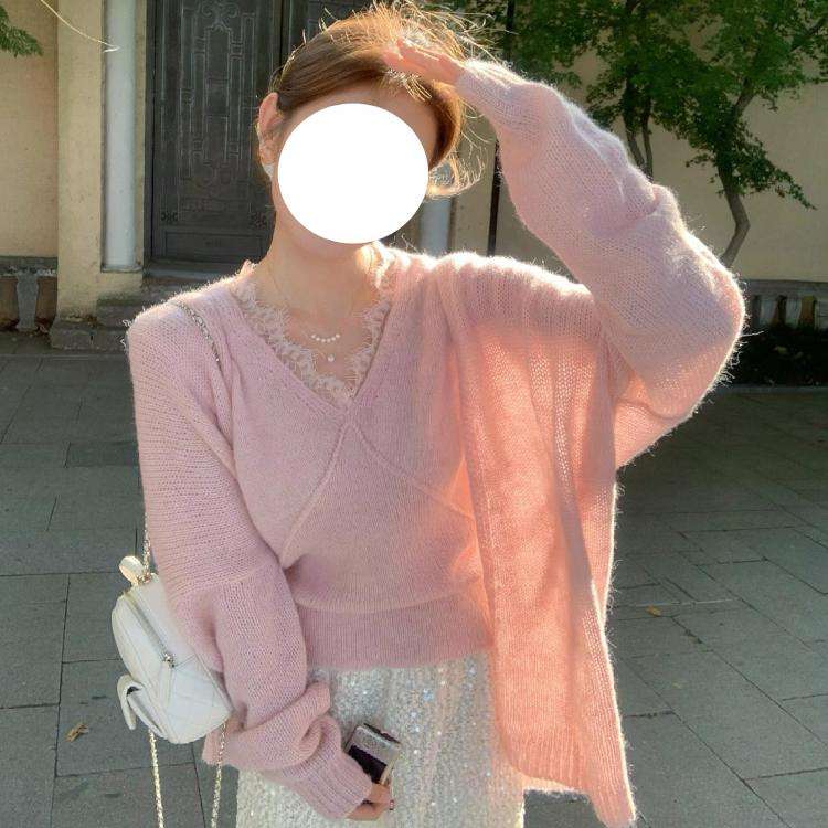 ピンクコーデ ふんわりモヘアタッチカーディガン