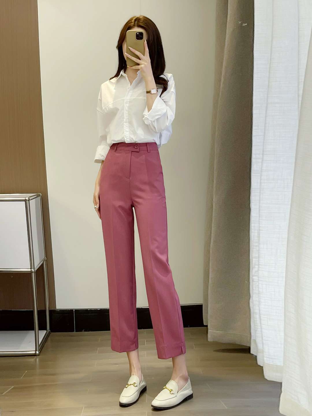 ピンクコーデ ハイウエスト ストレート 上品 スタイルアップ スラックス ボルドーピンクパンツ