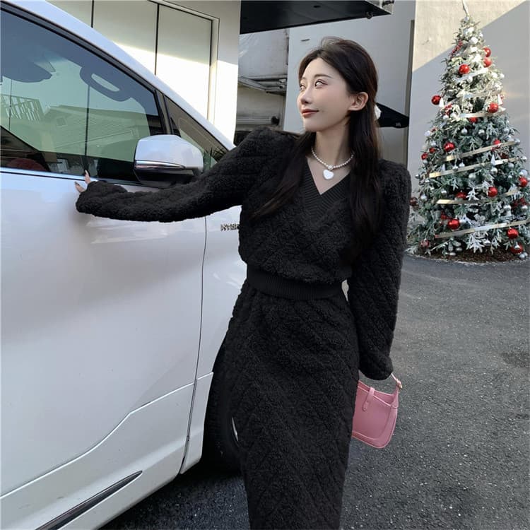 ピンクコーデ ふわふわニット上下セット羊毛風２点セット優雅 トップス