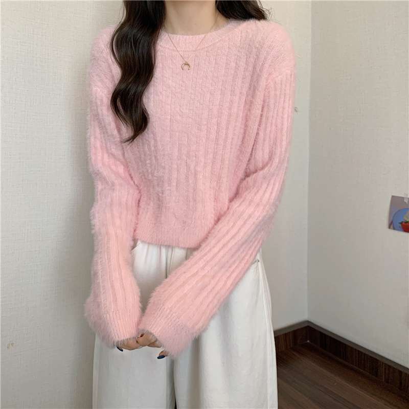 ピンクコーデ ふわふわ モヘア リブニット セーター 女性 長袖 秋冬 ベビーピンク かわいい フェミニン トップス