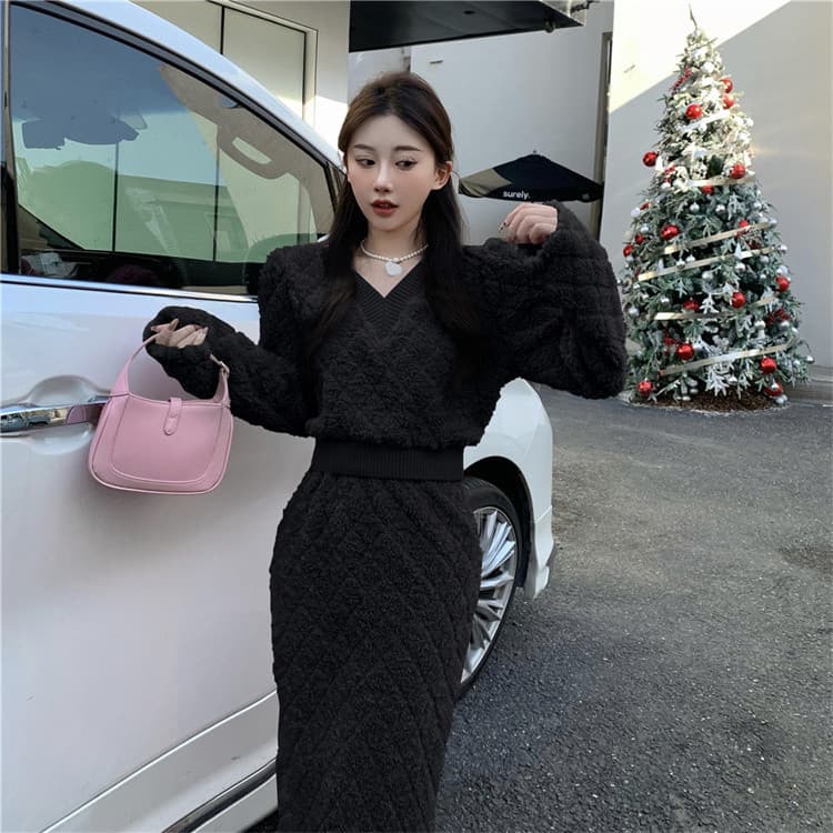ピンクコーデ ふわふわニット上下セット羊毛風２点セット優雅 トップス