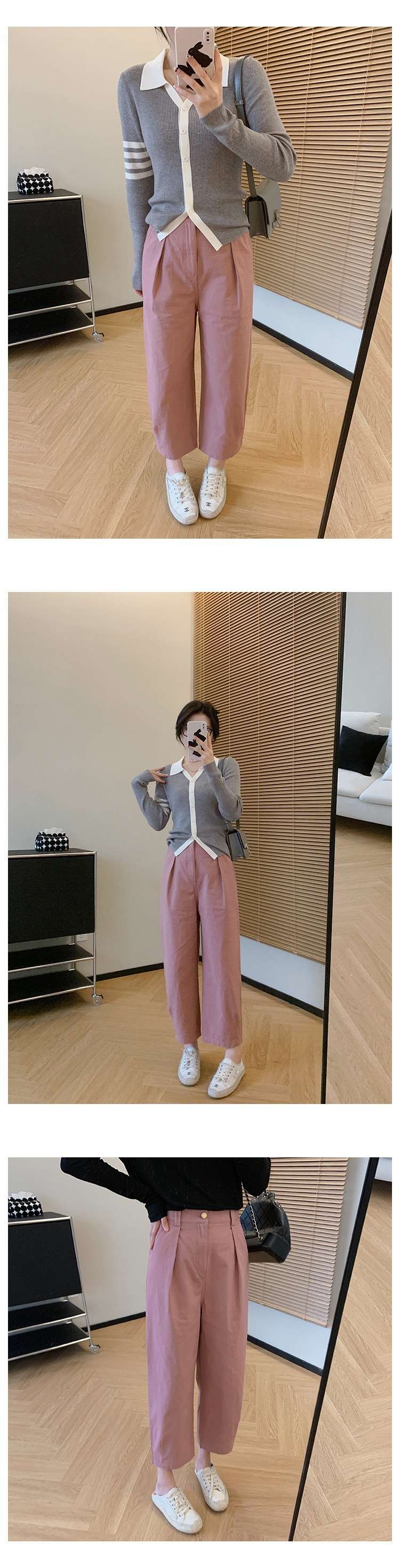 ピンクコーデ ゆったりシルエットのハイウエストピンクパンツ