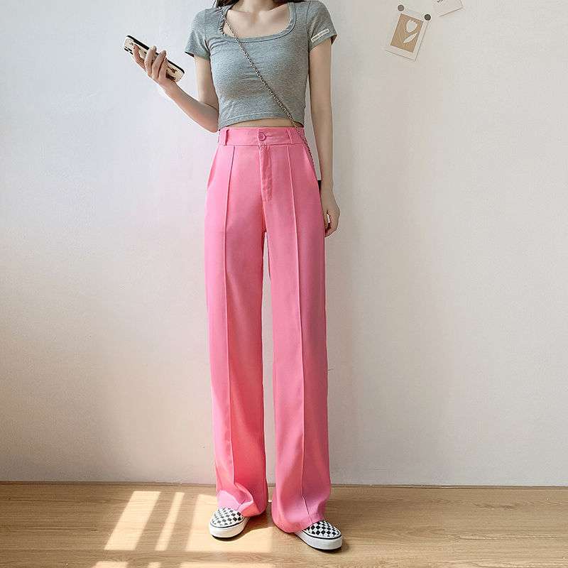 ピンクコーデ ゆったりハイウエストワイドストレートピンクパンツ