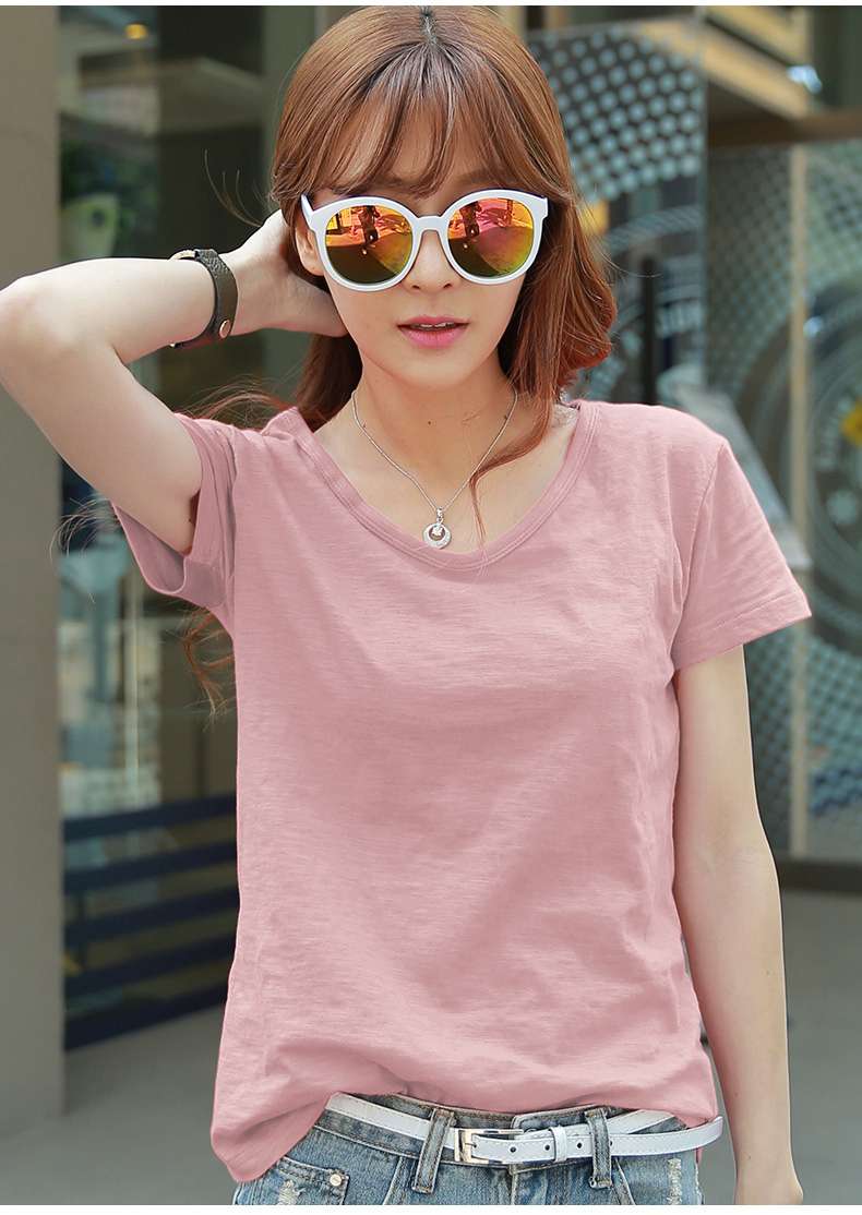 ピンクコーデ シンプルVネック半袖Tシャツ