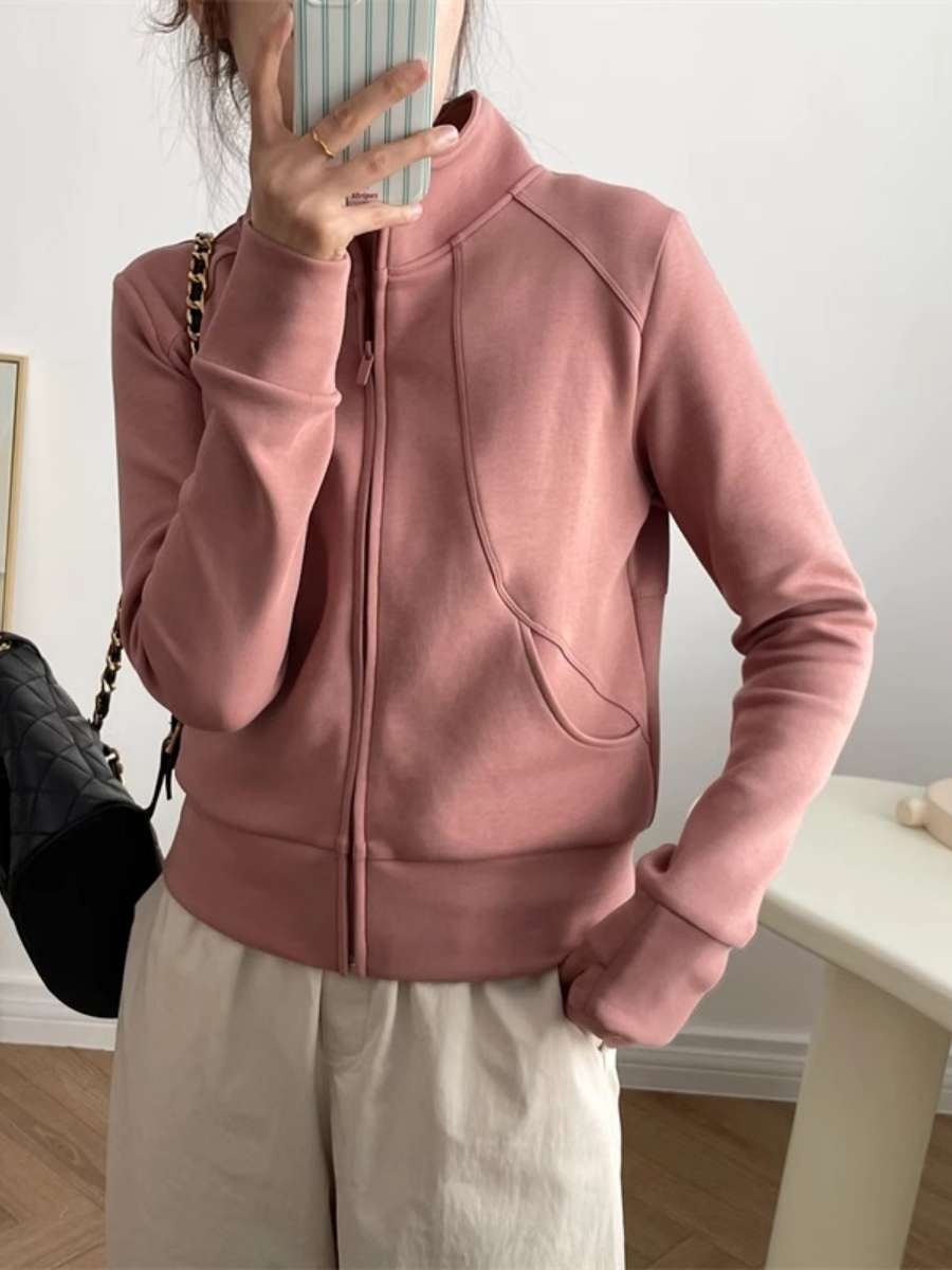 ピンクコーデ ゆったりジップアップスウェットジャケット