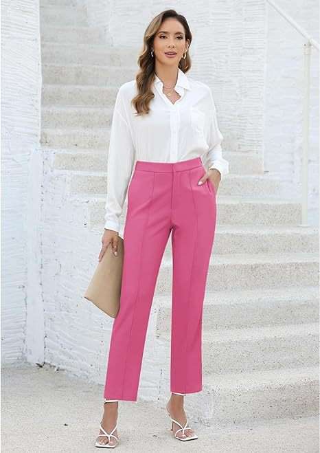 ピンクコーデ エレガントなストレートフォーマルピンクパンツ