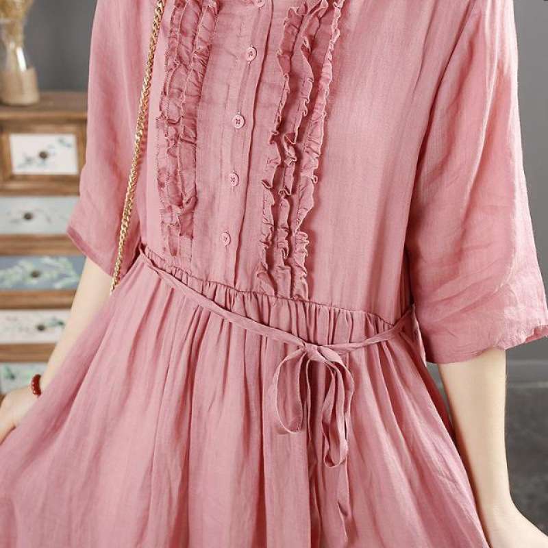 ピンクコーデ フリルデザイン 七分袖 ロングワンピース