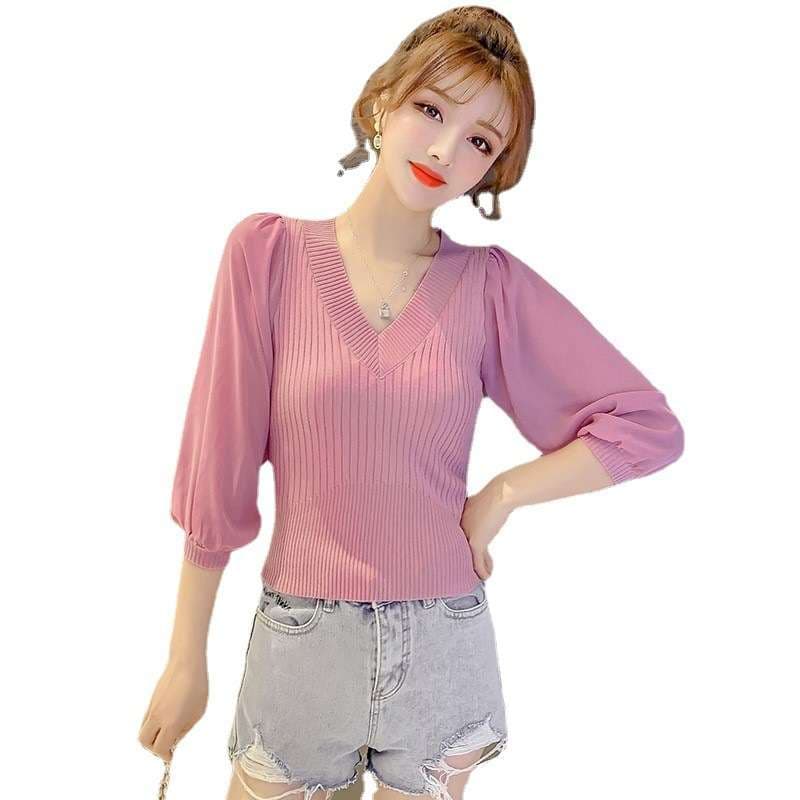 ピンクコーデ ふんわり袖リブニットピンクプルオーバー