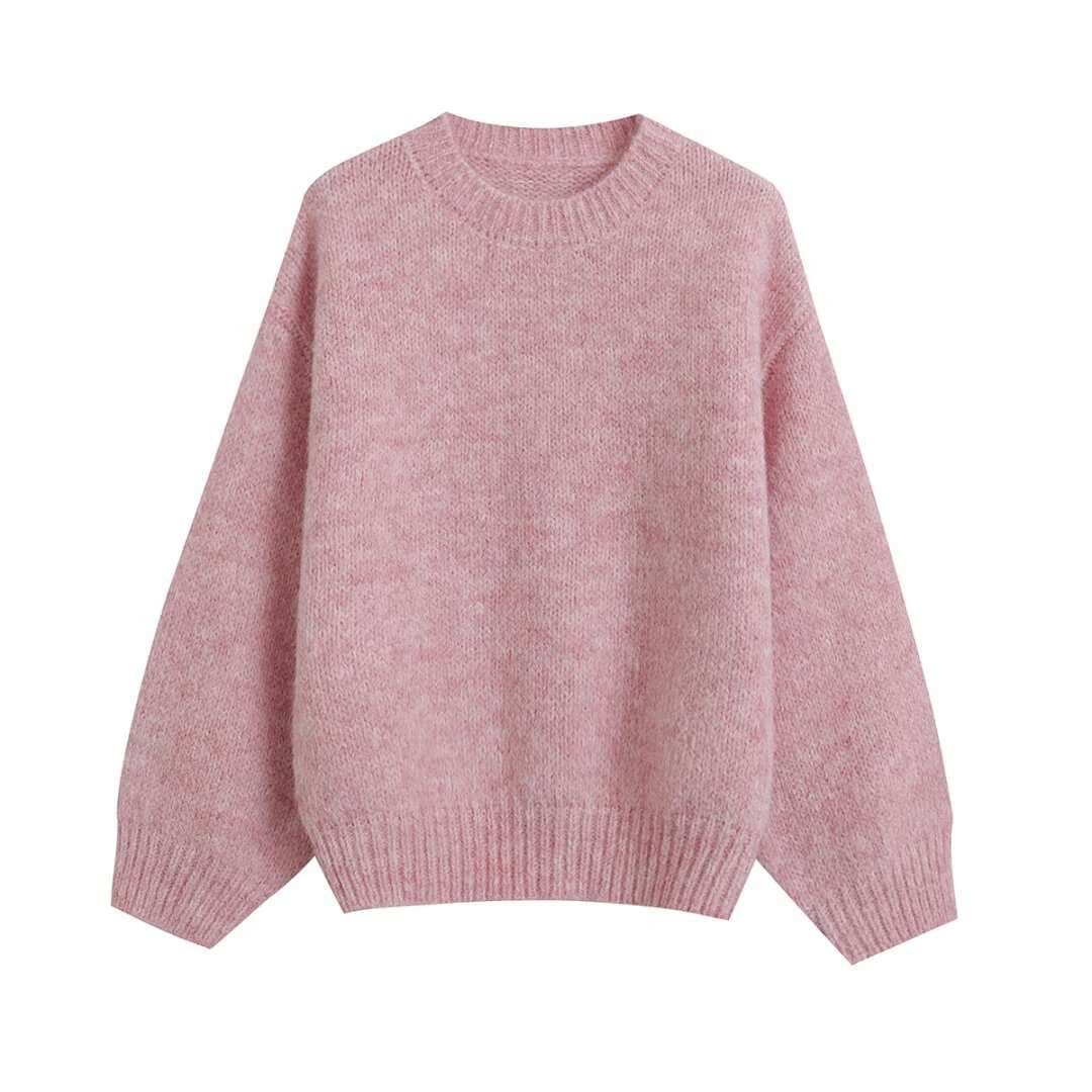 ピンクコーデ もこもこ ふわふわ ふんわり ピンクニット セーター ゆったり リラックス シンプル 着回し ベーシック ピンクトップス