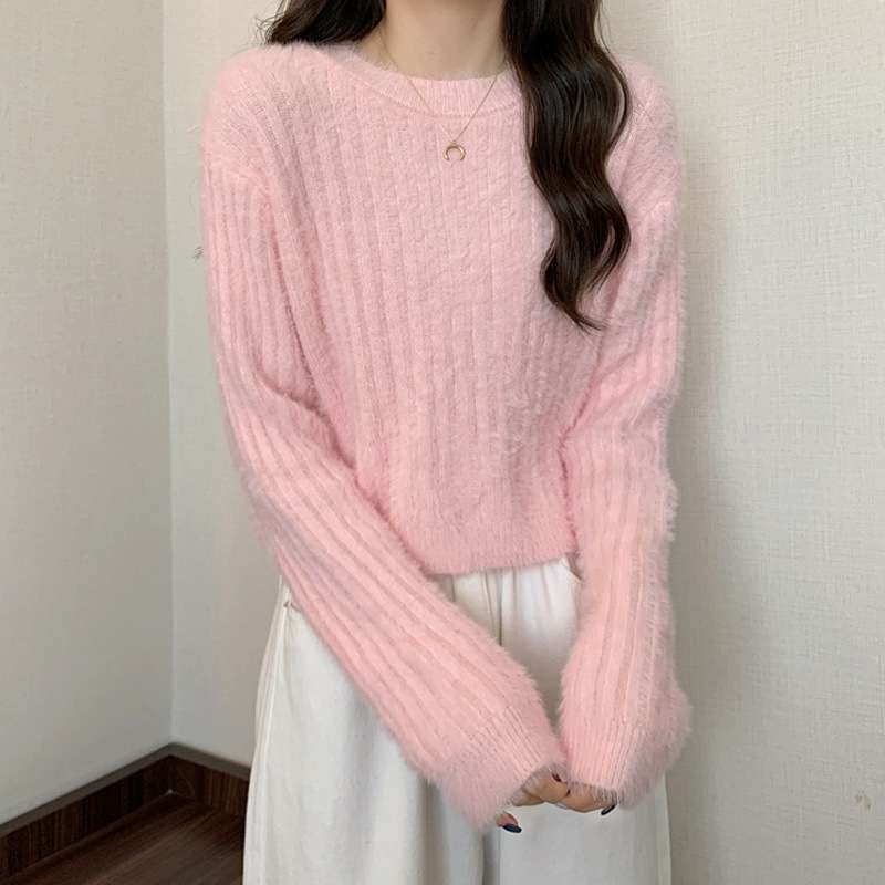 ピンクコーデ ふわふわ モヘア リブニット セーター 女性 長袖 秋冬 ベビーピンク かわいい フェミニン トップス