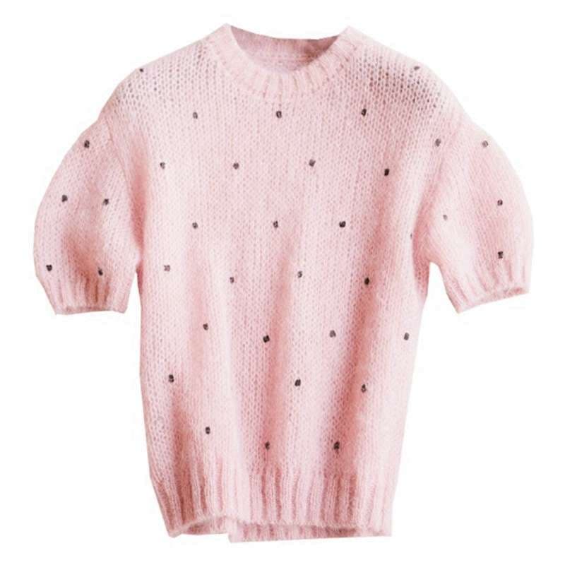 ピンクコーデ ふわふわモヘアドット柄セーター