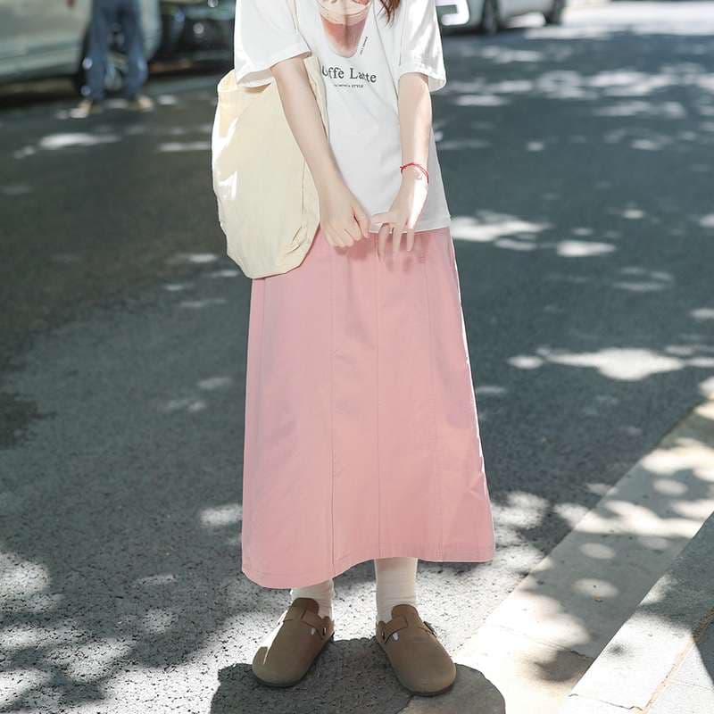 ピンクコーデ ゆったりロングフレアスカート