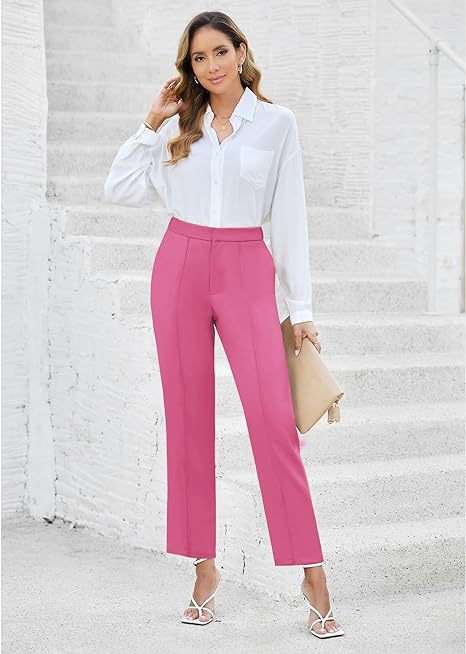 ピンクコーデ エレガントなストレートフォーマルピンクパンツ