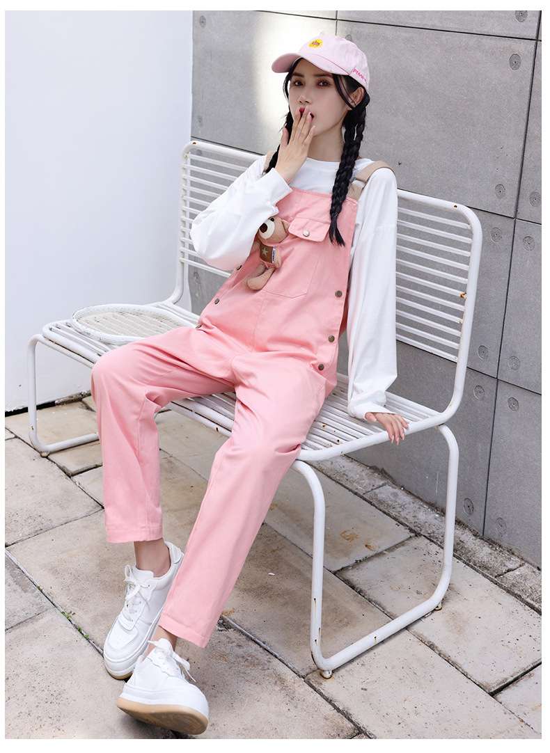 ピンクコーデ ゆったりオーバーオール風サロペットピンクパンツ