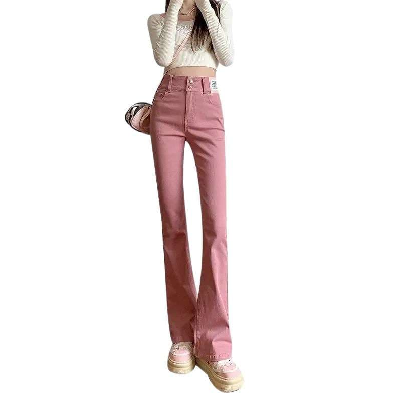 ピンクコーデ ハイウエストフレア ピンクパンツ 脚長効果 カジュアル きれいめ レッドピンク 上品 着回し力◎