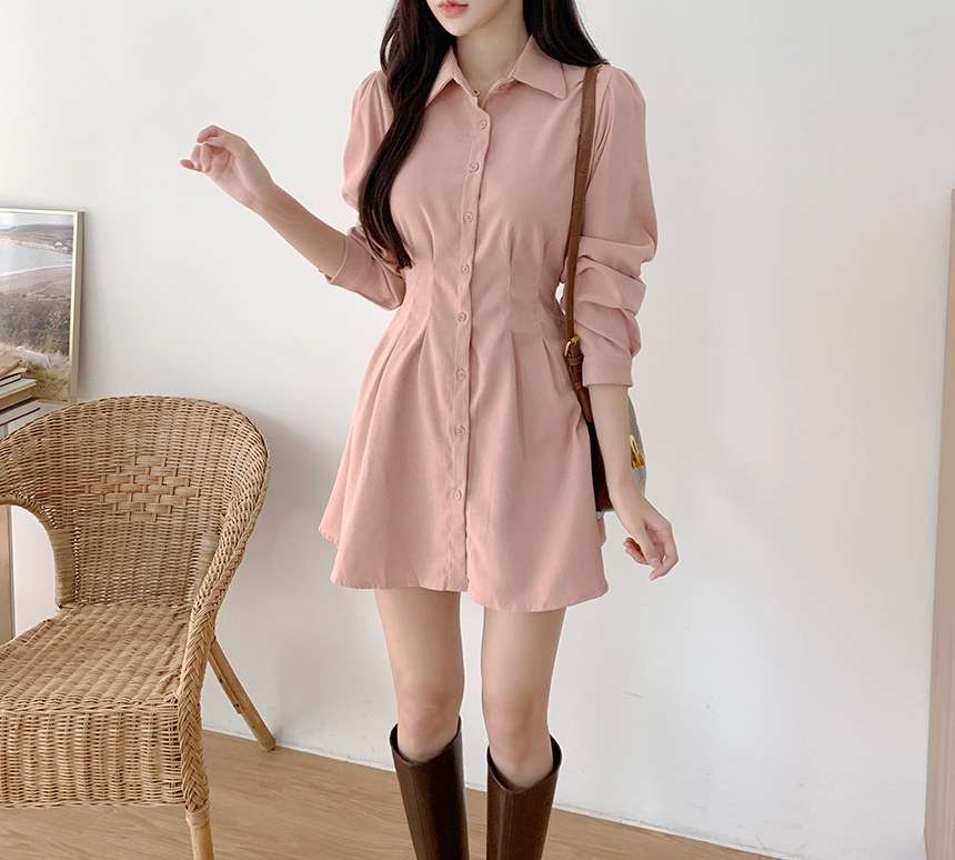 ピンクコーデ ふんわり袖のパフスリーブ♪ピンクシャツミニワンピース