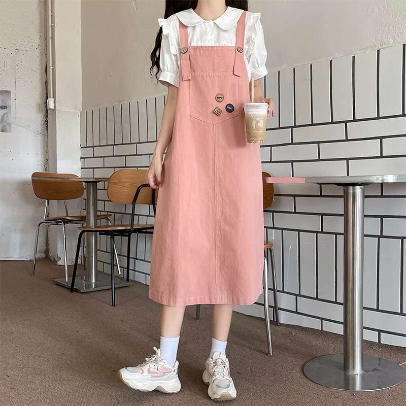 ピンクコーデ フリルブラウス重ね着風サロペットワンピース