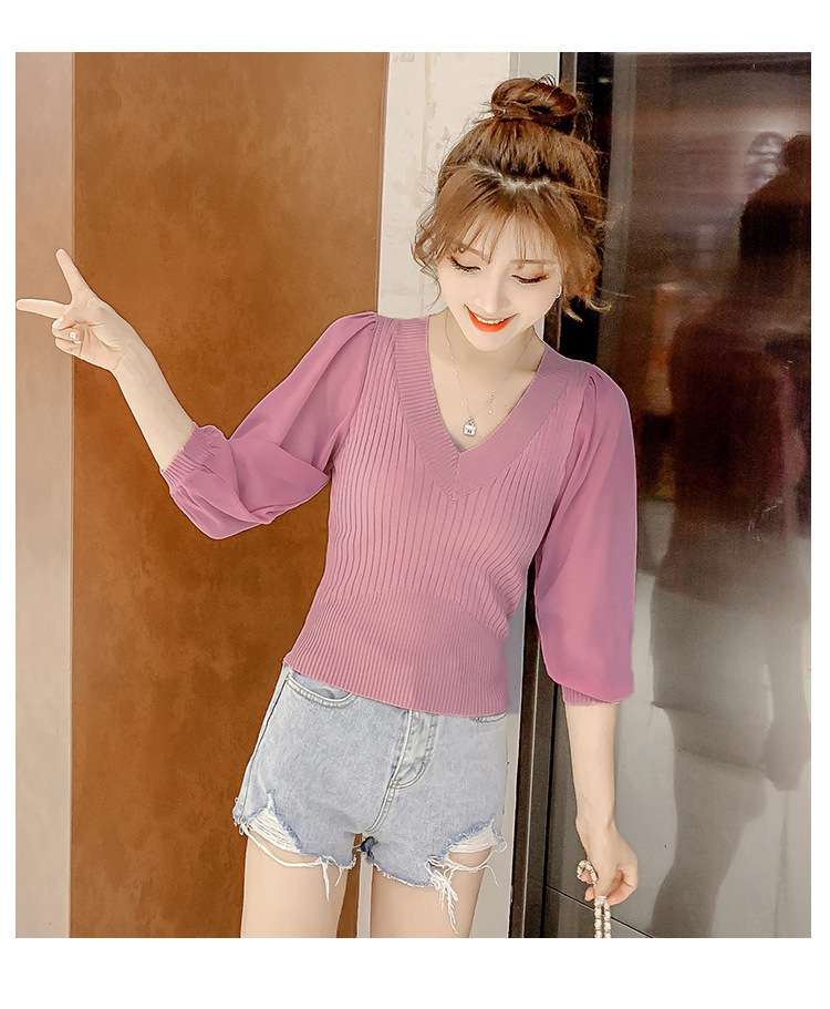 ピンクコーデ ふんわり袖リブニットピンクプルオーバー