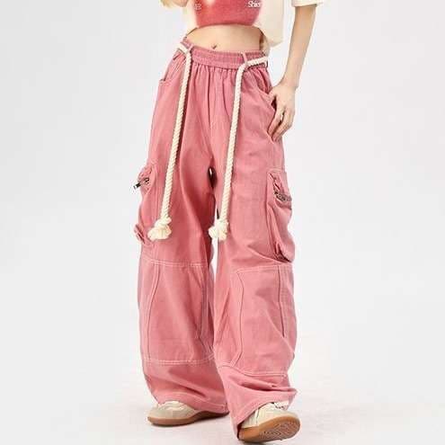 ピンクコーデ ゆったりカーゴワイドピンクパンツ ロープベルト付き