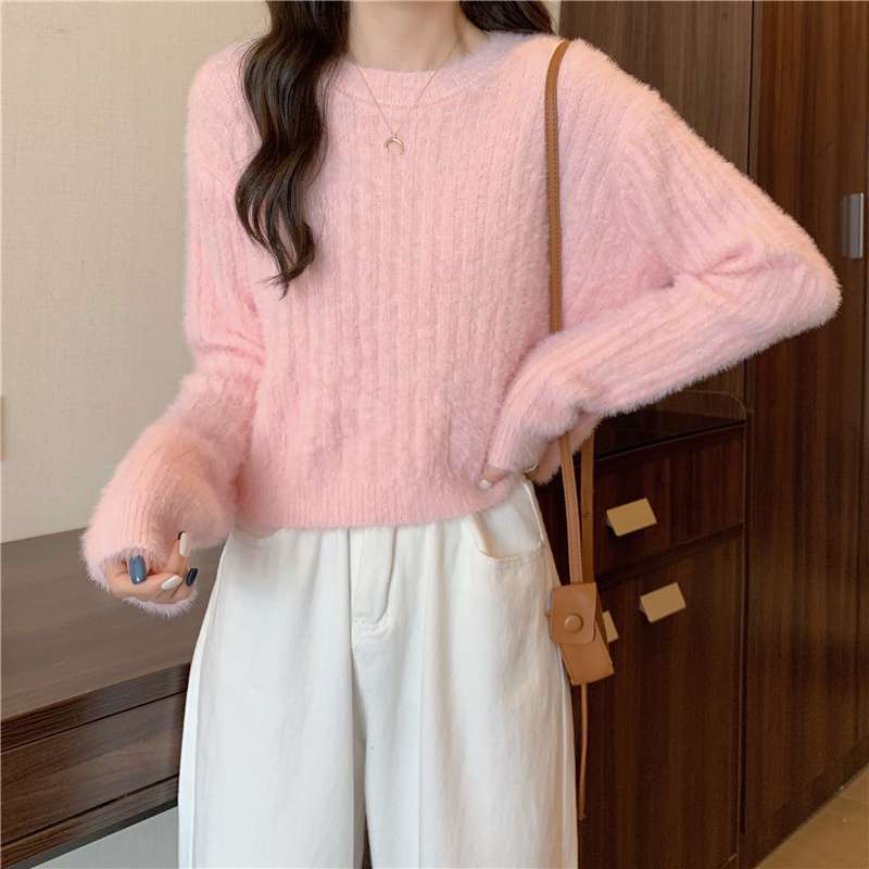 ピンクコーデ ふわふわ モヘア リブニット セーター 女性 長袖 秋冬 ベビーピンク かわいい フェミニン トップス