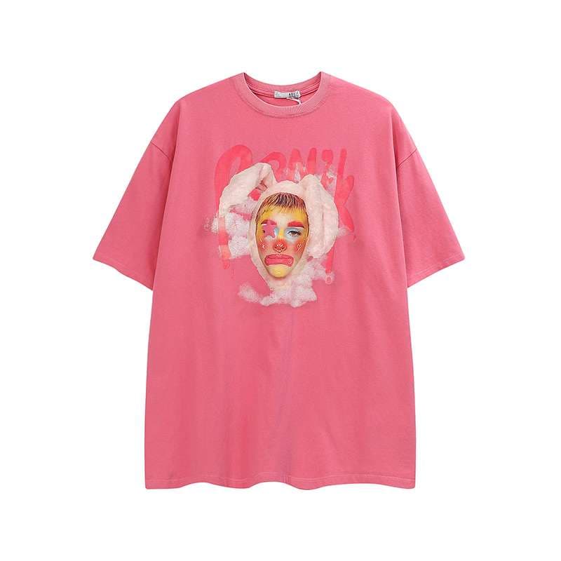 ピンクコーデ アート風プリントオーバーサイズTシャツ