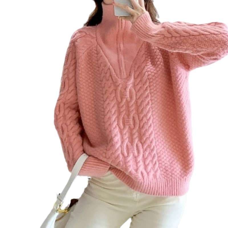 ピンクコーデ ふわもこ ケーブルニット プルオーバー あったか 秋冬 ハーフジップ トップス ピンクセーター
