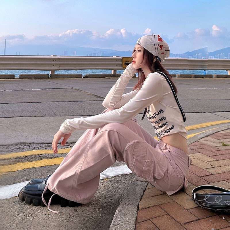 ピンクコーデ ゆったりストレート ピンクパンツ カジュアル きれいめ 楽ちん ワイドシルエット ダンスパンツ ヒップホップ カーゴパンツ
