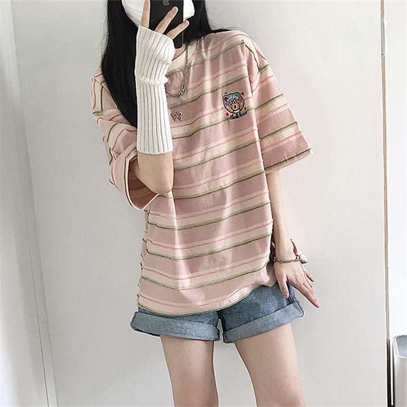 ピンクコーデ くまちゃん刺繍入りマルチボーダーTシャツ