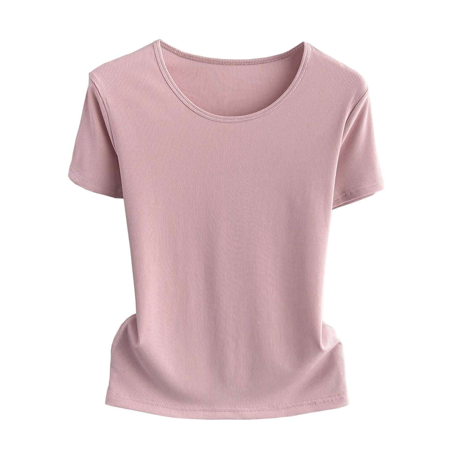 ピンクコーデ リブニット素材ベーシック半袖Tシャツ