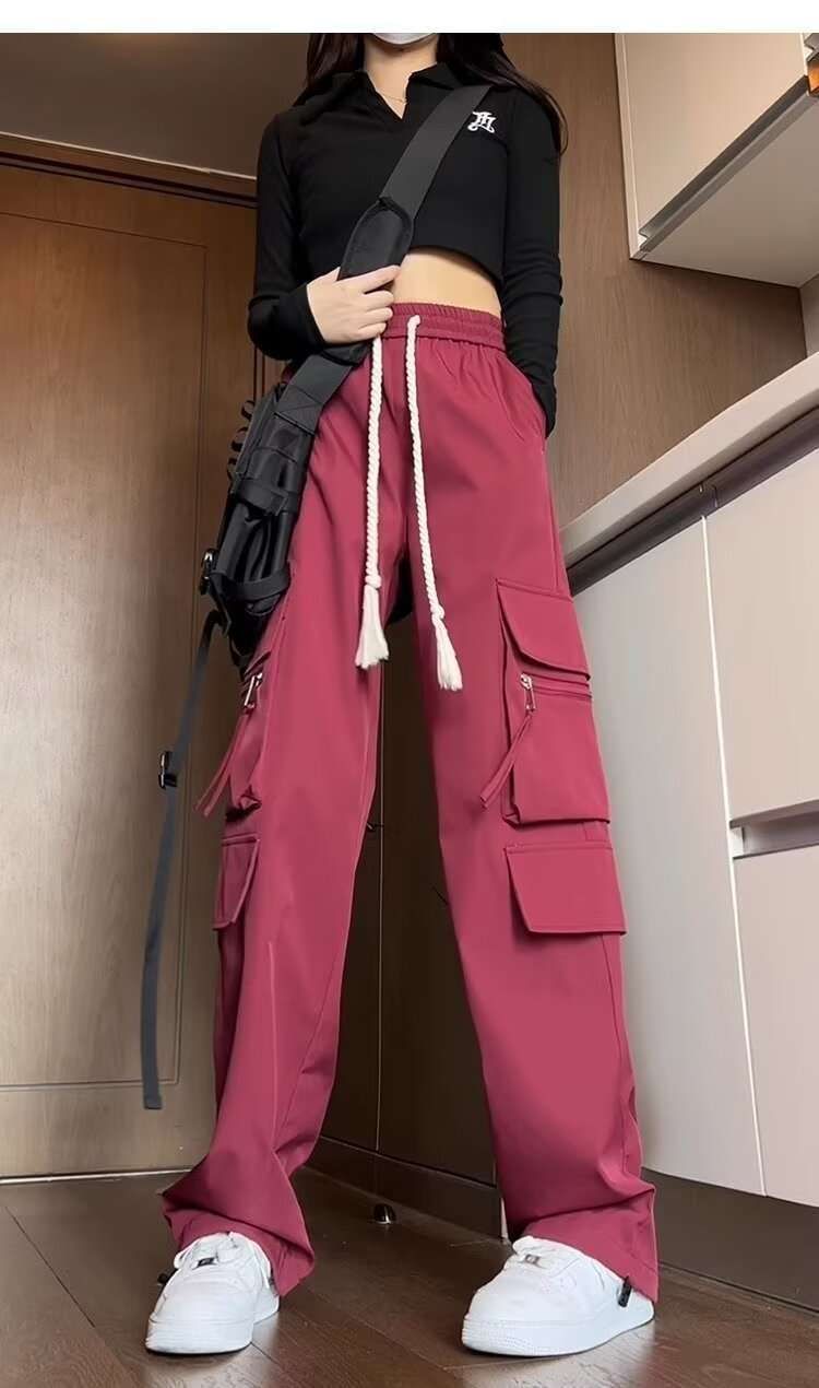 ピンクコーデ マルチポケットカーゴワイドボルドーピンクパンツ