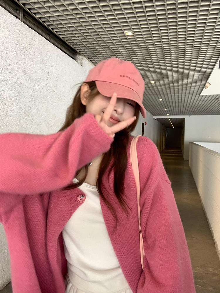 ピンクコーデ オーバーサイズで抜け感プラス♥ふんわりニットピンクカーディガン