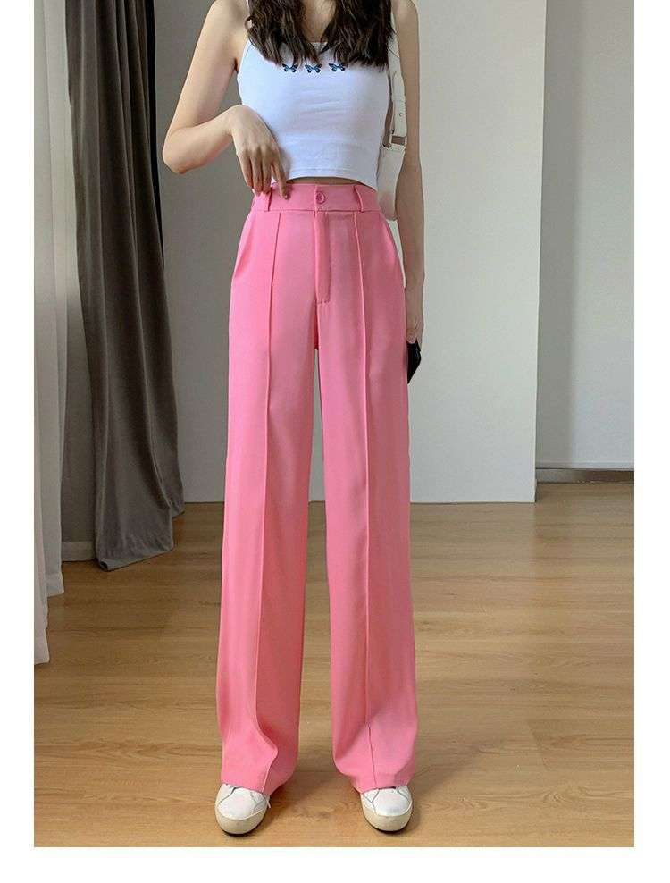 ピンクコーデ ゆったりハイウエストワイドストレートピンクパンツ
