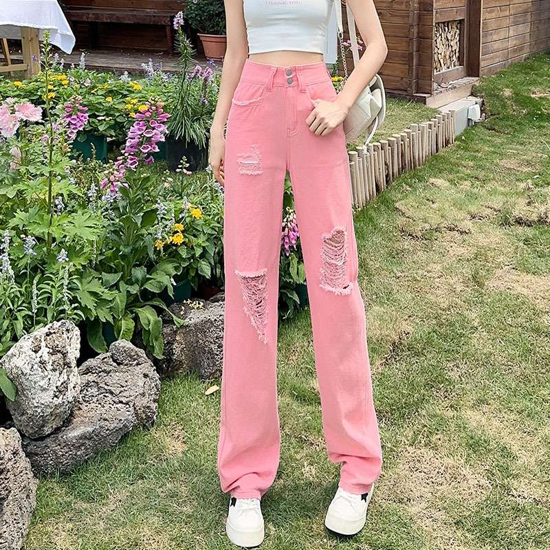 ピンクコーデ ダメージ加工 ストレート 足長 スタイルアップ カジュアル デニム ピンクパンツ