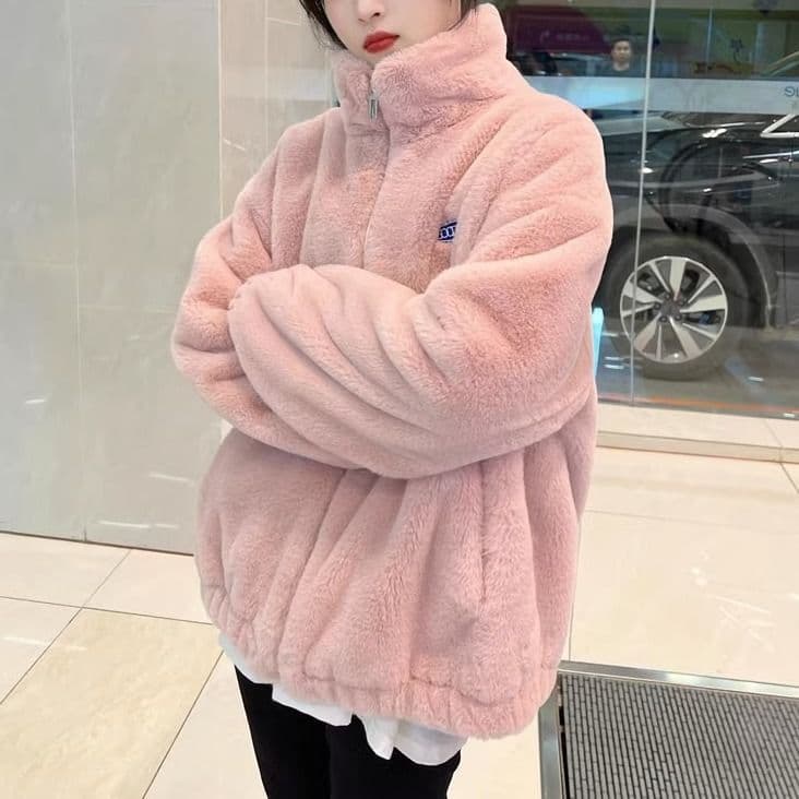 ピンクコーデ ボアブルゾン ボアジャケット アウター コート ハイネック 長袖 ゆったり あったか もこもこジャケット