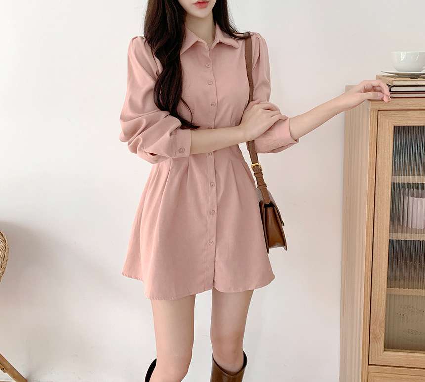 ピンクコーデ ふんわり袖のパフスリーブ♪ピンクシャツミニワンピース