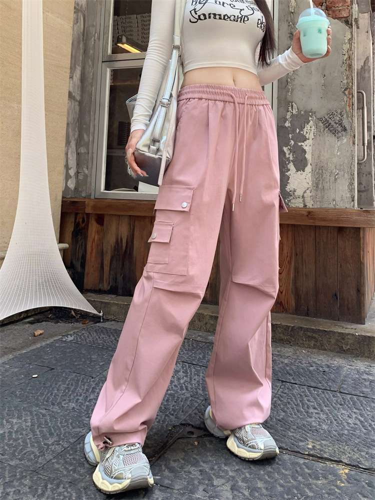 ピンクコーデ ゆったりカーゴポケットワイドピンクパンツ