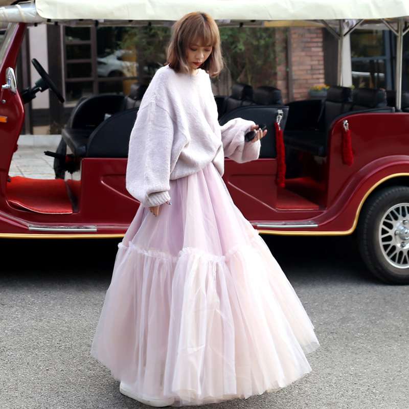 ピンクコーデ ふんわりチュールロングピンクスカート