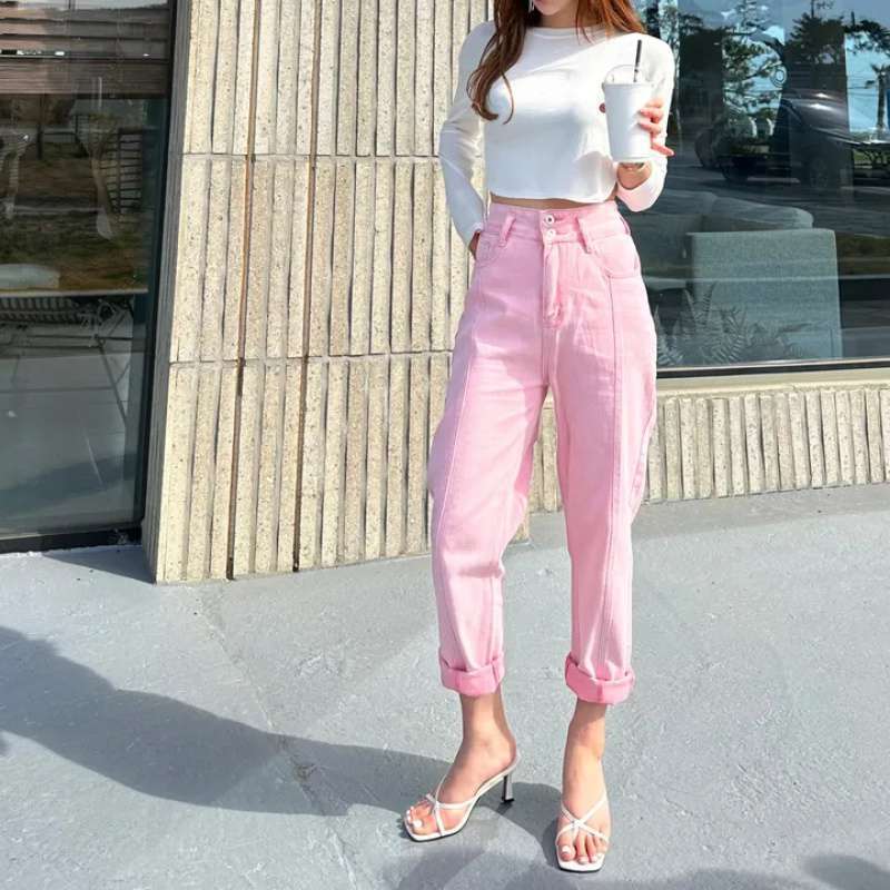 ピンクコーデ ハイウエストストレートデニムピンクパンツ