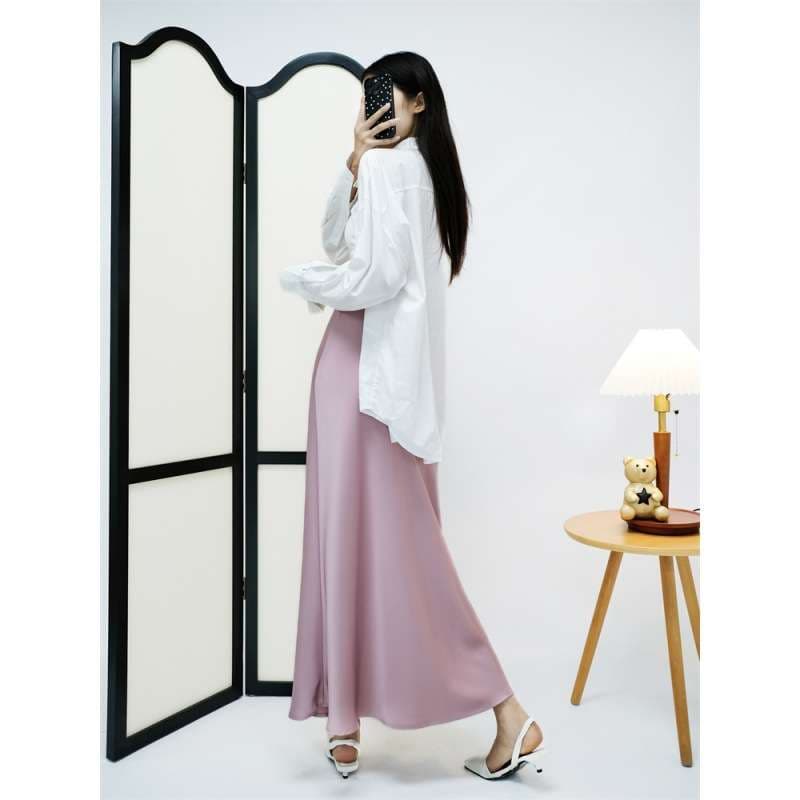 ピンクコーデ エレガントマーメイドラインのロングピンクスカート