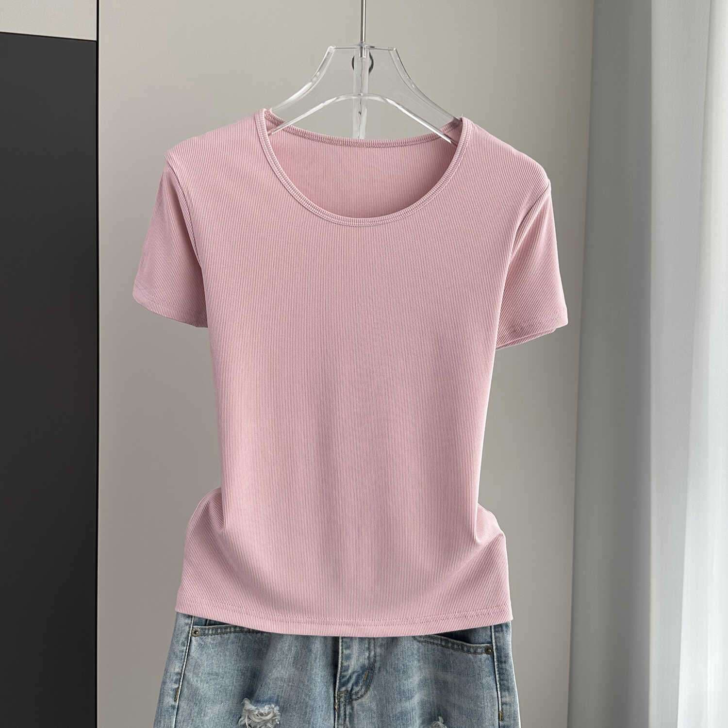 ピンクコーデ リブニット素材ベーシック半袖Tシャツ