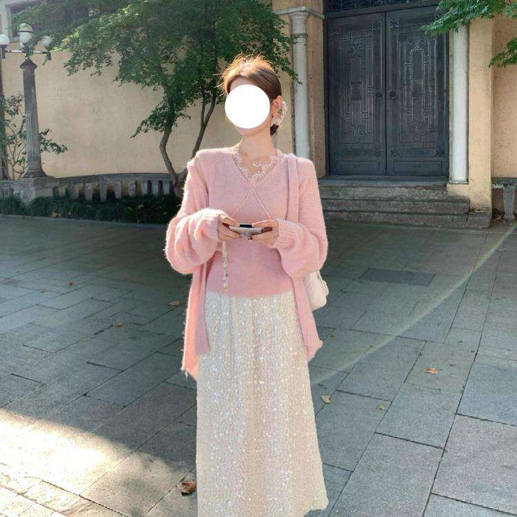 ピンクコーデ ふんわりモヘアタッチカーディガン