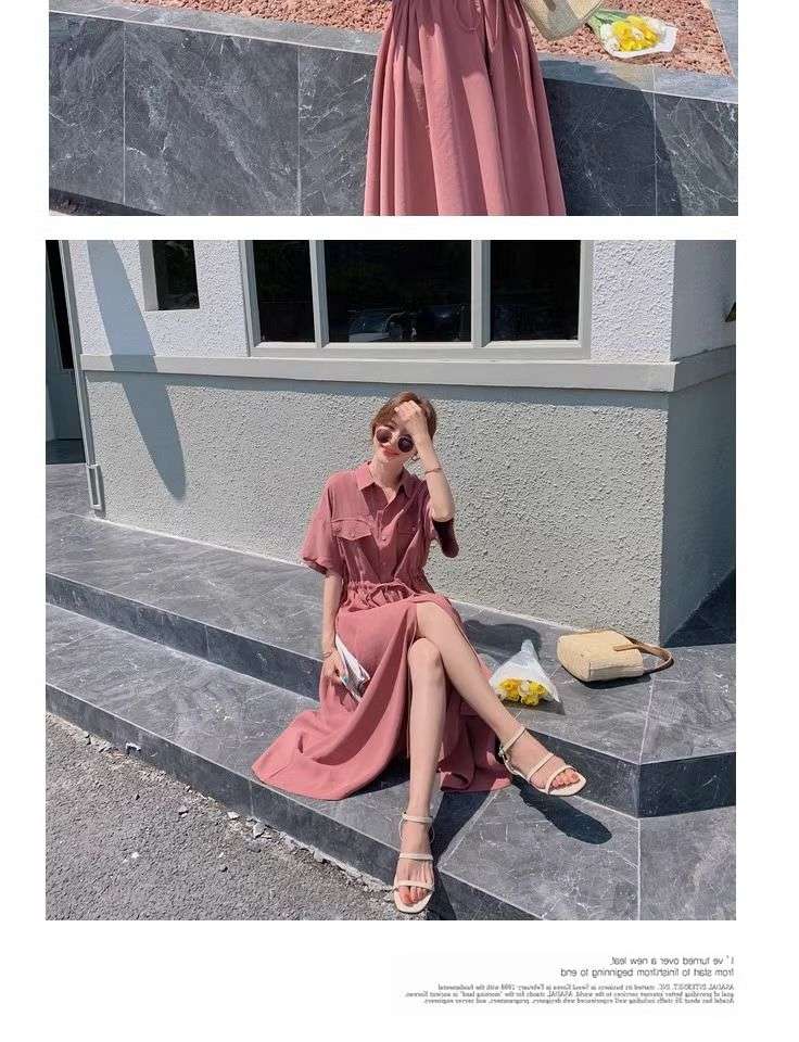 ピンクコーデ シャツカラーマキシピンクワンピース