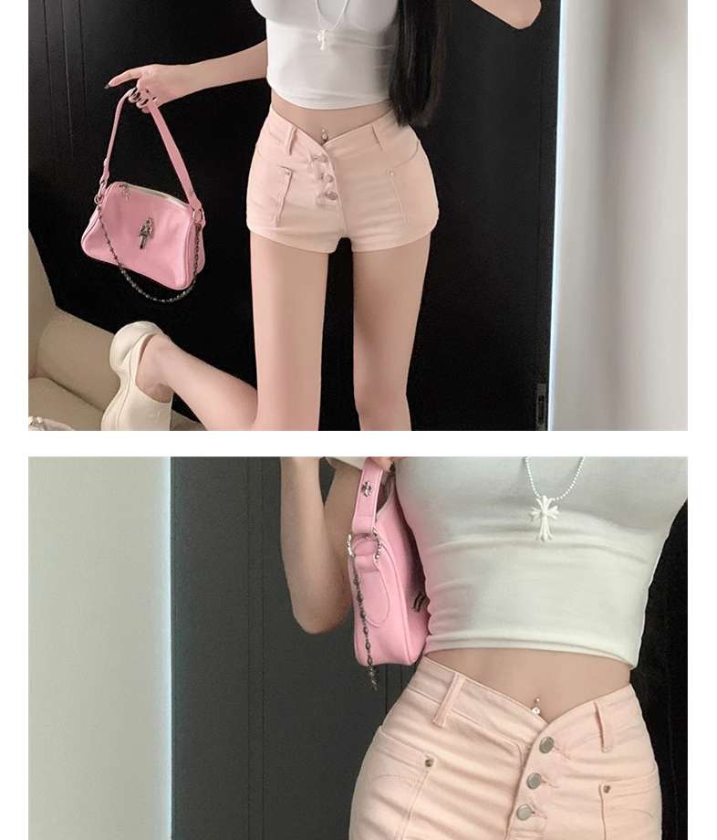 ピンクコーデ ハイウエストボタン付きショートパンツ